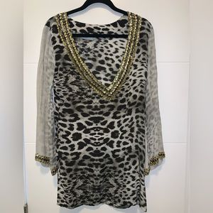 TAJ by Sabrina Crippa Embellished Tunic Dress 100% silk Leopard Small